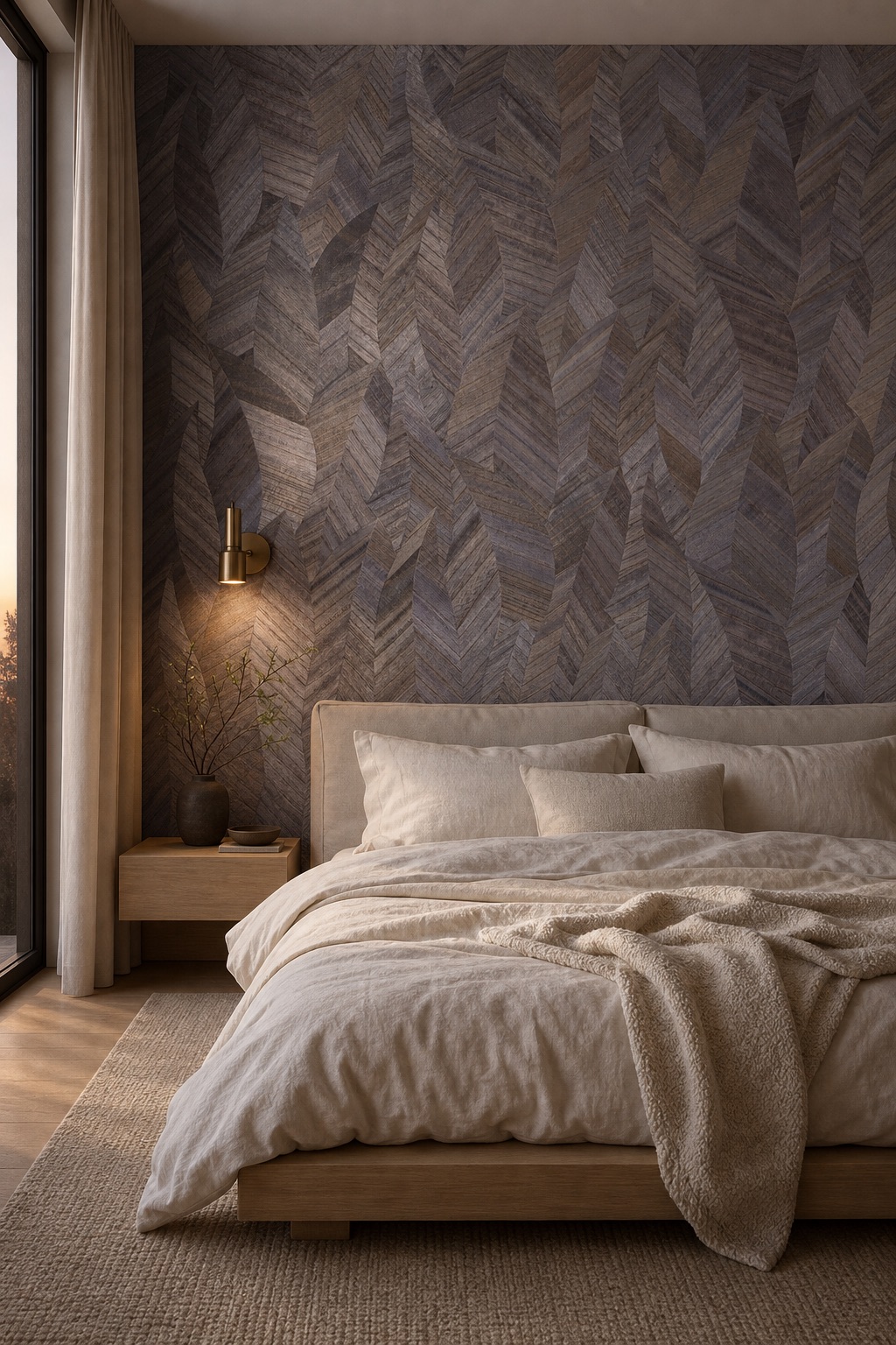 Серые травяные обои Dove Chevron ёлочкой как акцентная стена изголовья в полную стену с постельным бельём из слоновой кости, буклé-пледом и тёплым вечерним светом настенных бра