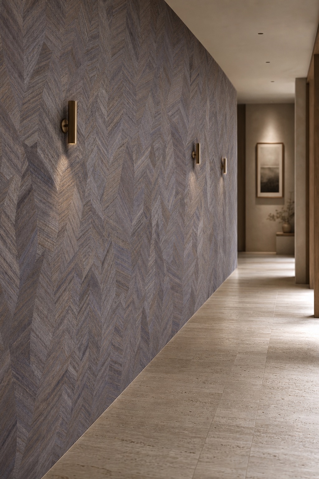 Серые травяные обои Dove Chevron ёлочкой, покрывающие гостиничный коридор в стиле джапанди с полом из травертина и настенными бра из атласной латуни при пасмурном послеполуденном свете