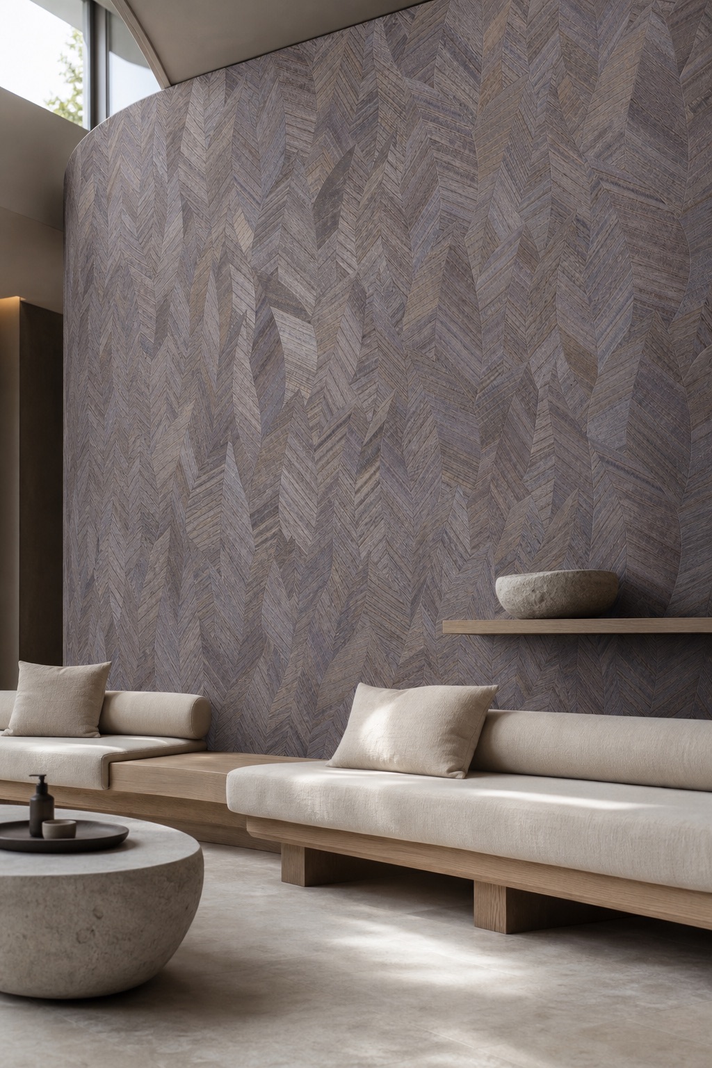 Серые травяные обои Dove Chevron ёлочкой как изогнутая акцентная стена в зале ожидания велнес-спа с бледными дубовыми скамьями и необработанным льном в холодном северном дневном свете