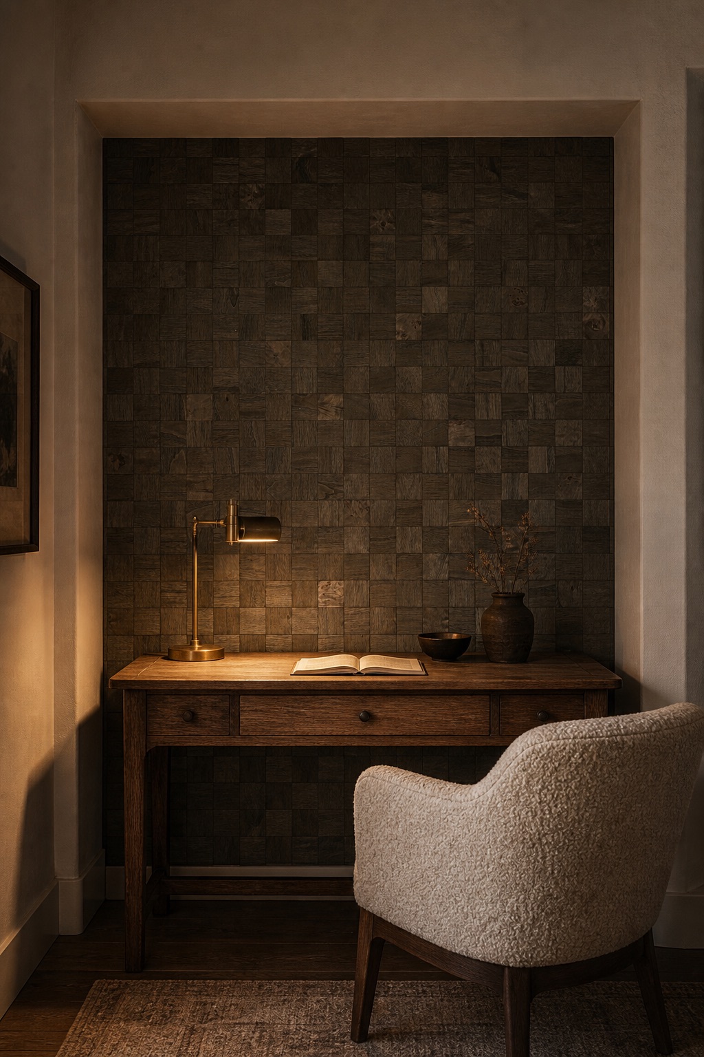 Shadow Mosaic тёмно-оливково-коричневые обои из шпона в читальном алькове гостиничного номера с состаренным дубовым столом, буклé-креслом и латунной рабочей лампой