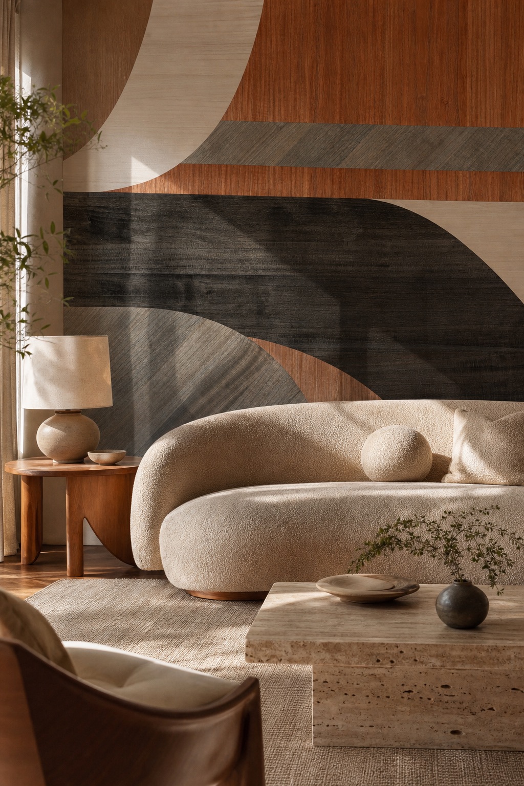 Полосатые обои из шпона как акцентная стена в стиле mid-century modern в жилом пространстве за изогнутым диваном с дубом и травертином при тёплом послеполуденном свете