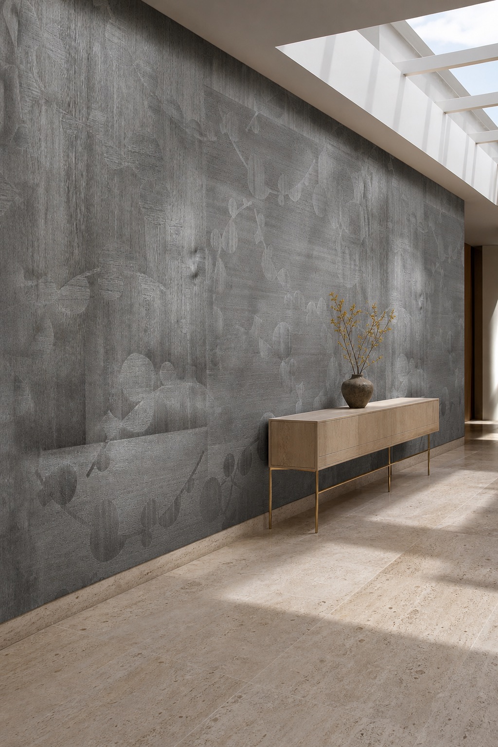 Коридор отеля с акцентной стеной из светло-серых травяных обоев Silver Orchid, полом из травертина и консолью из светлого дуба в рассеянном полуденном свете