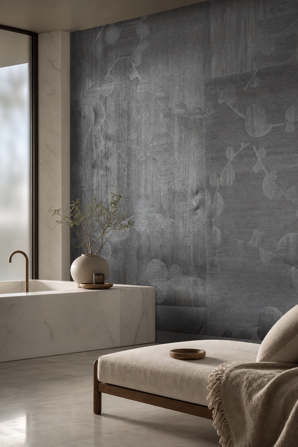 Задняя стена спа-купальни с Silver Orchid из светло-серых травяных обоев, белым мраморным обрамлением и льняной кушеткой в мягком рассветном свете