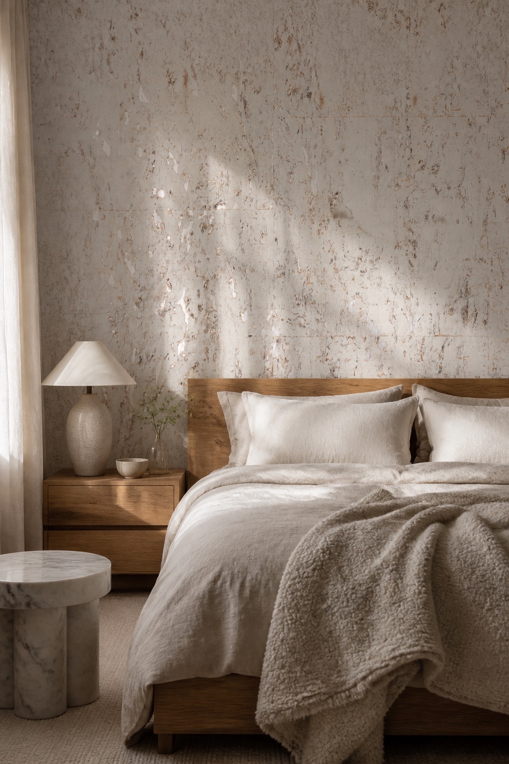 Bedroom suite with Pearl Cork white cork wallcovering as headboard accent wall, oak furniture and ivory bouclé throw in warm morning light