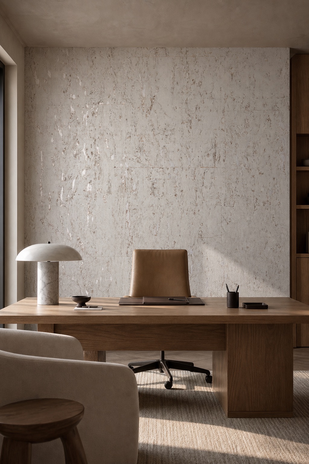 Private executive office with Pearl Cork white cork wallcovering as full back wall, oak desk and linen armchair in early morning light