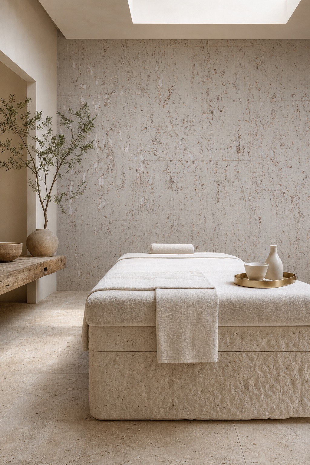 Spa treatment room with Pearl Cork white cork wallcovering on the feature wall, travertine floor and ivory linen plinth in soft noon light