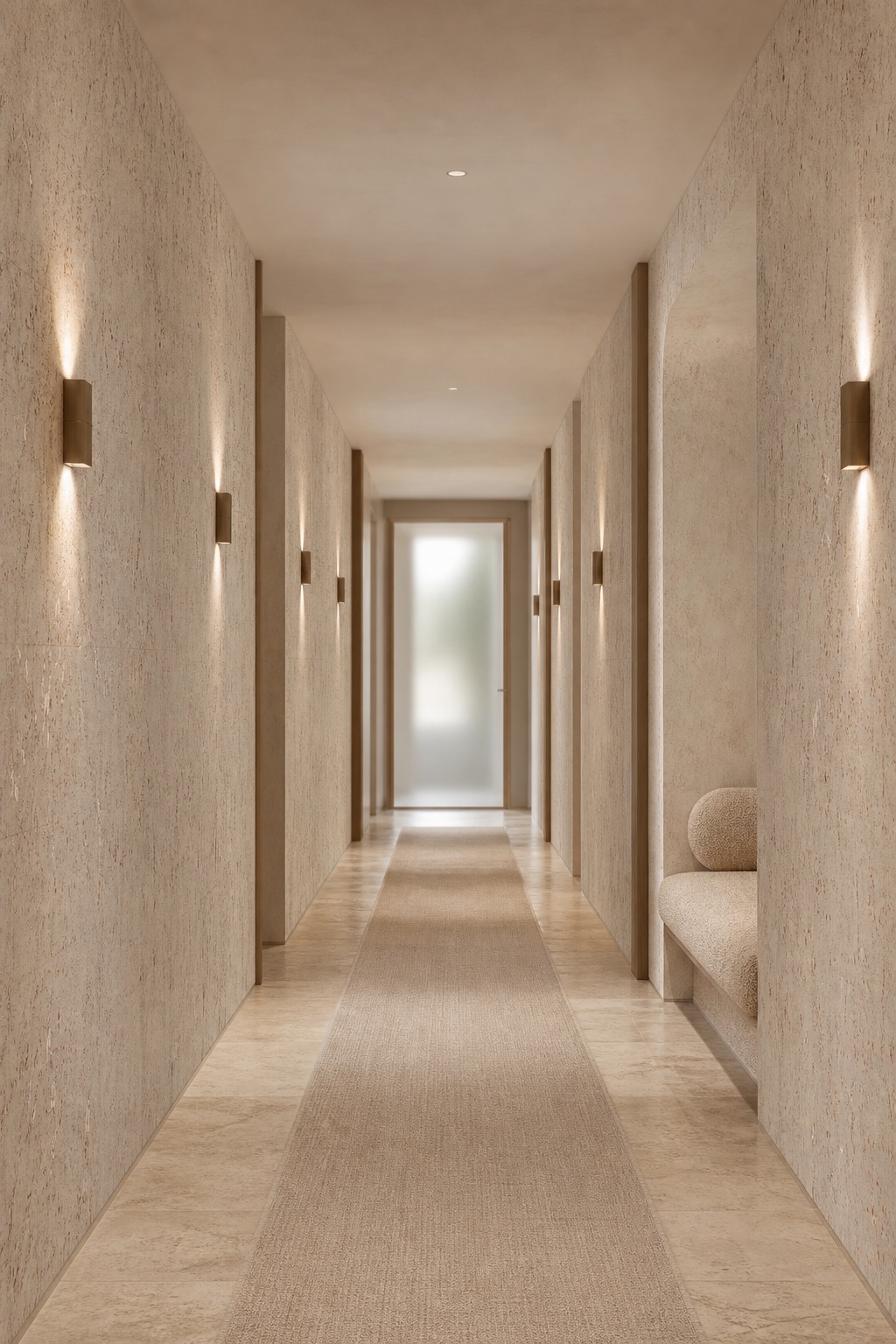 Wellness centre corridor clad in Pearl Cork white cork wallcovering with bouclé bench alcove and travertine floor in soft afternoon sconce light